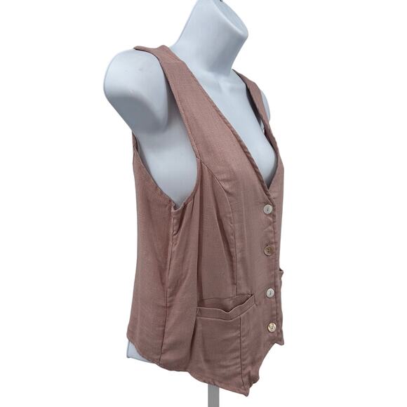 Rachel Paige V-Neck Vest WMNS XS Dusty Rose Linen Blend Button Up Front Pockets - Picture 2 of 6